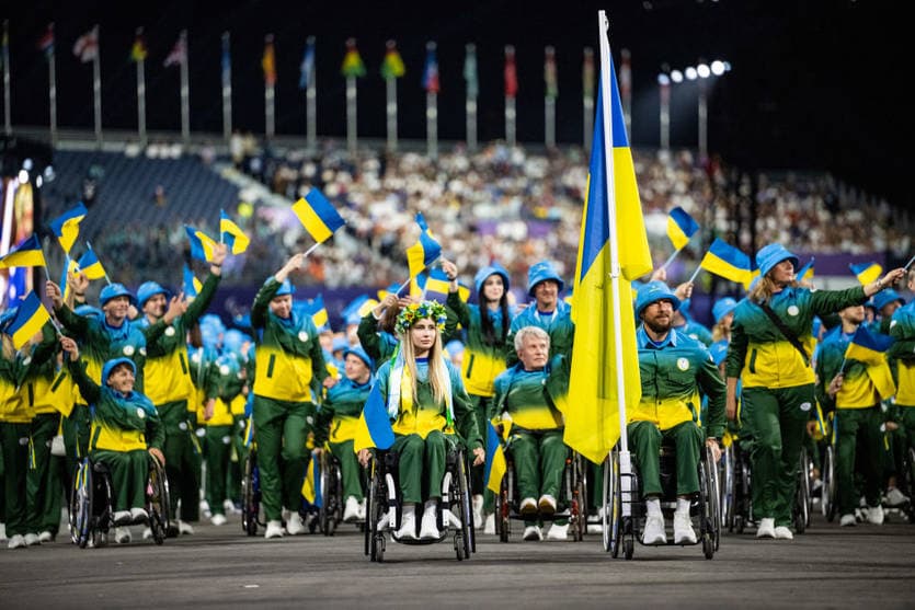 PARIS, FRANCE - AUGUST 28: Team Ukraine during the opening ceremony of the Paris 2024 Summer Paralympic Games at the Place de la Concorde on August 28, 2024 in Paris, France. (Photo by Kevin Voigt/GettyImages)