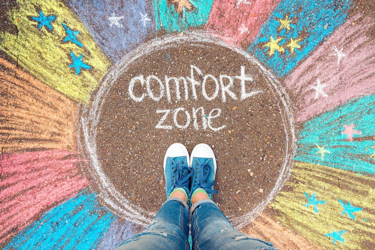 Comfort zone concept. Feet standing inside comfort zone circle surrounded by rainbow stripes painted with chalk on the asphalt.