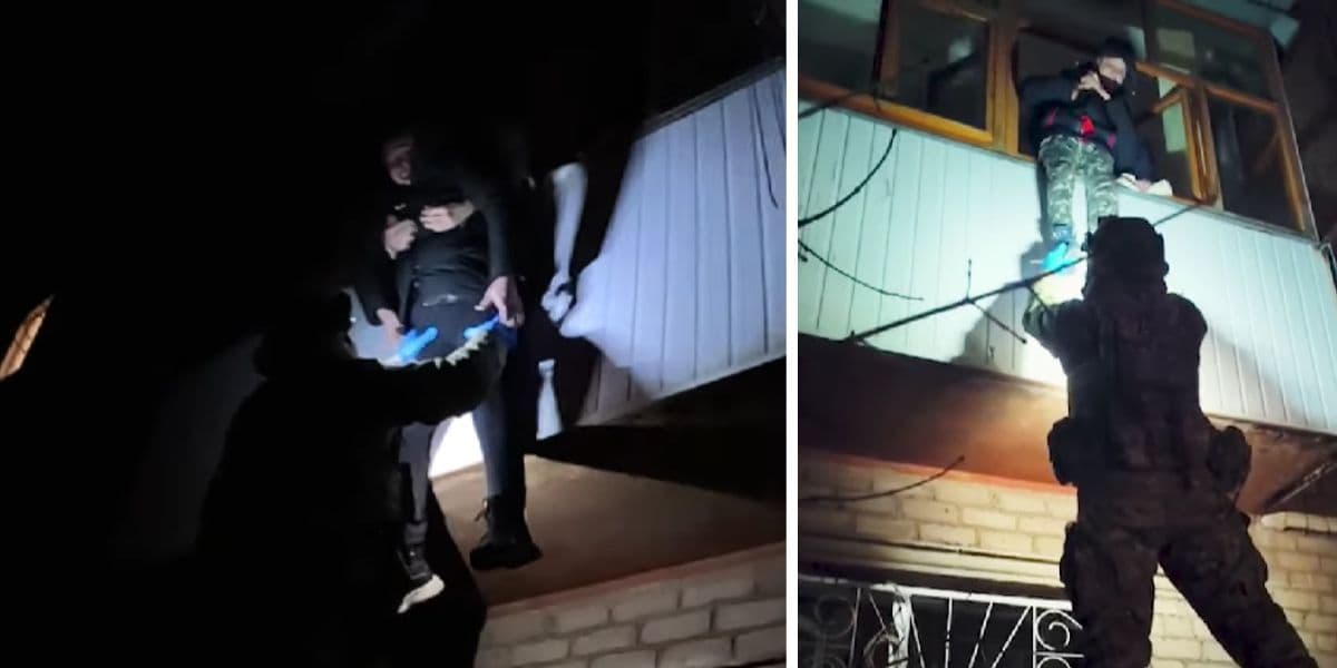 После удара по Краматорску парамедики полиции спасали детей через балкон, 12 февраля 2026 года. Скриншот с видео НПУ