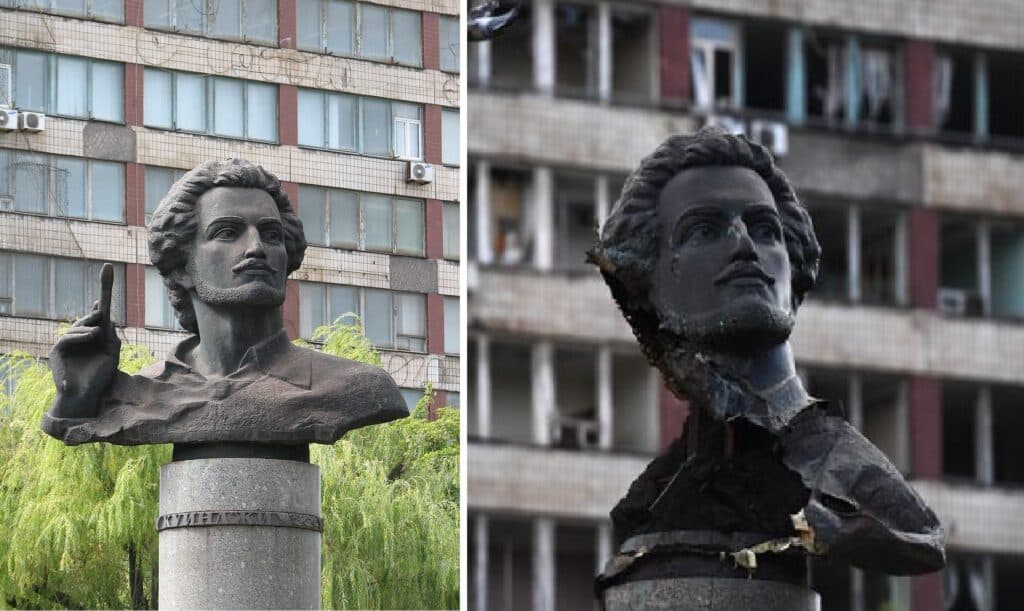 Бюст молодому Куїнджі на Грецькій площі Маріуполя до та після вторгнення