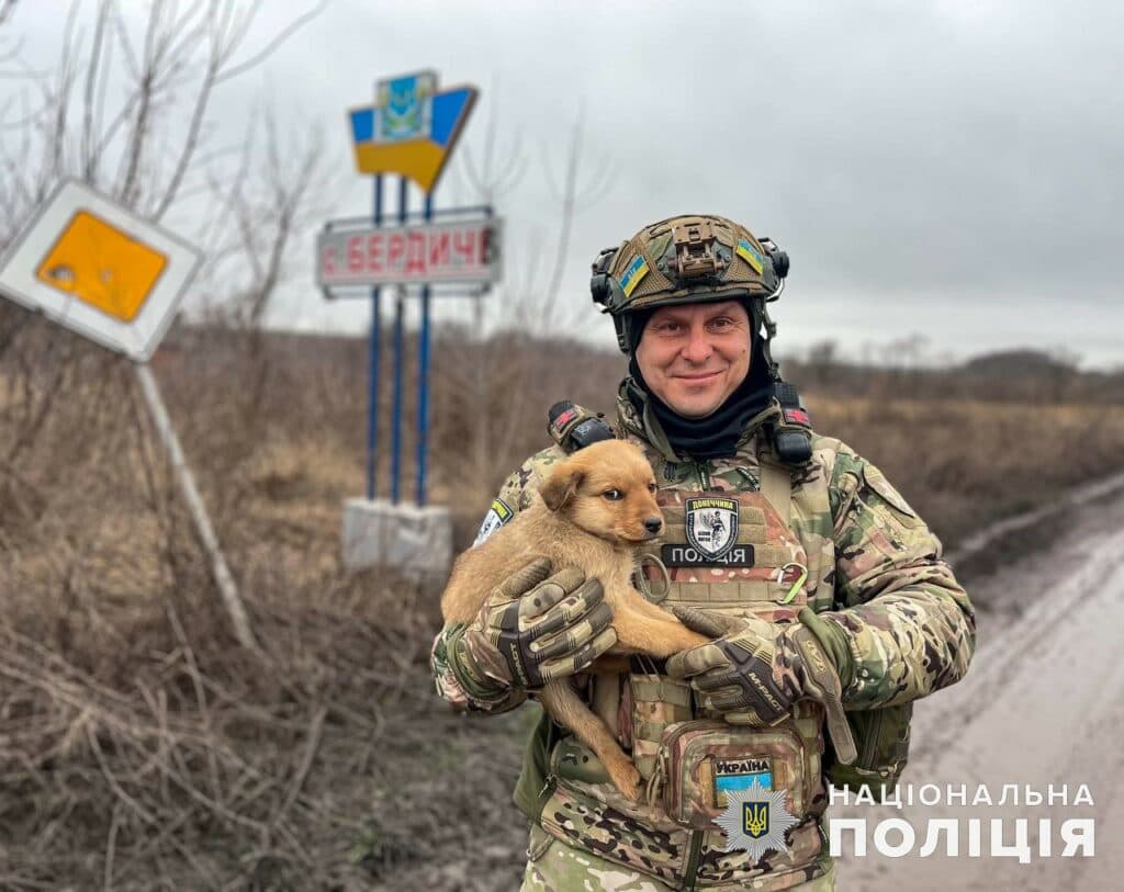 Поліцейські врятували двох цуценят з-під обстрілів на Донеччині (відео)