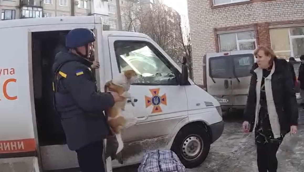 Поліцейські вивезли з Авдіївки двох мешканців та їх чотирилапого улюбленця (відео)