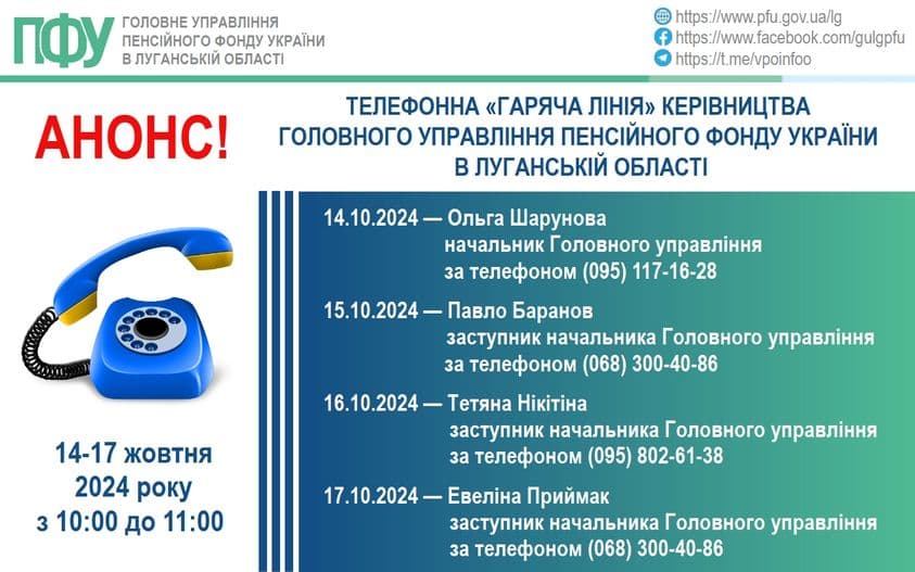 Протягом чотирьох днів жовтня працюватиме "гарячі лінії" керівництва Пенсійного фонду Луганщини