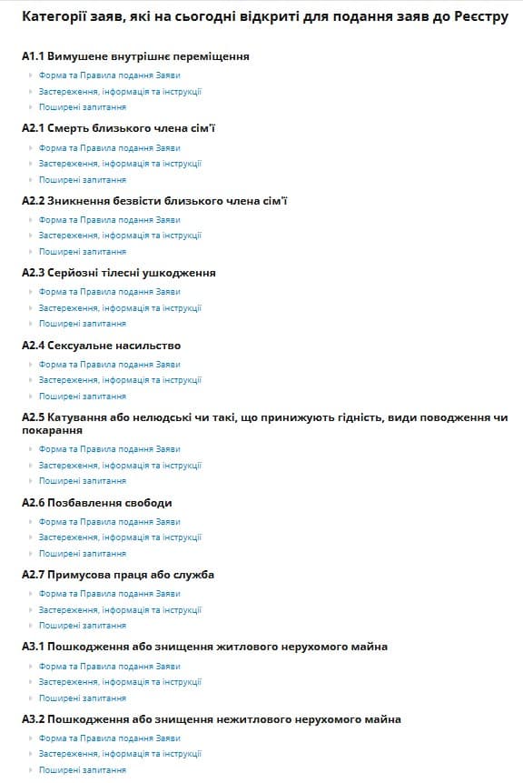 На сьогодні відкриті 10 з 43-х категорій, за якими постраждалі можуть подати свої заяви.