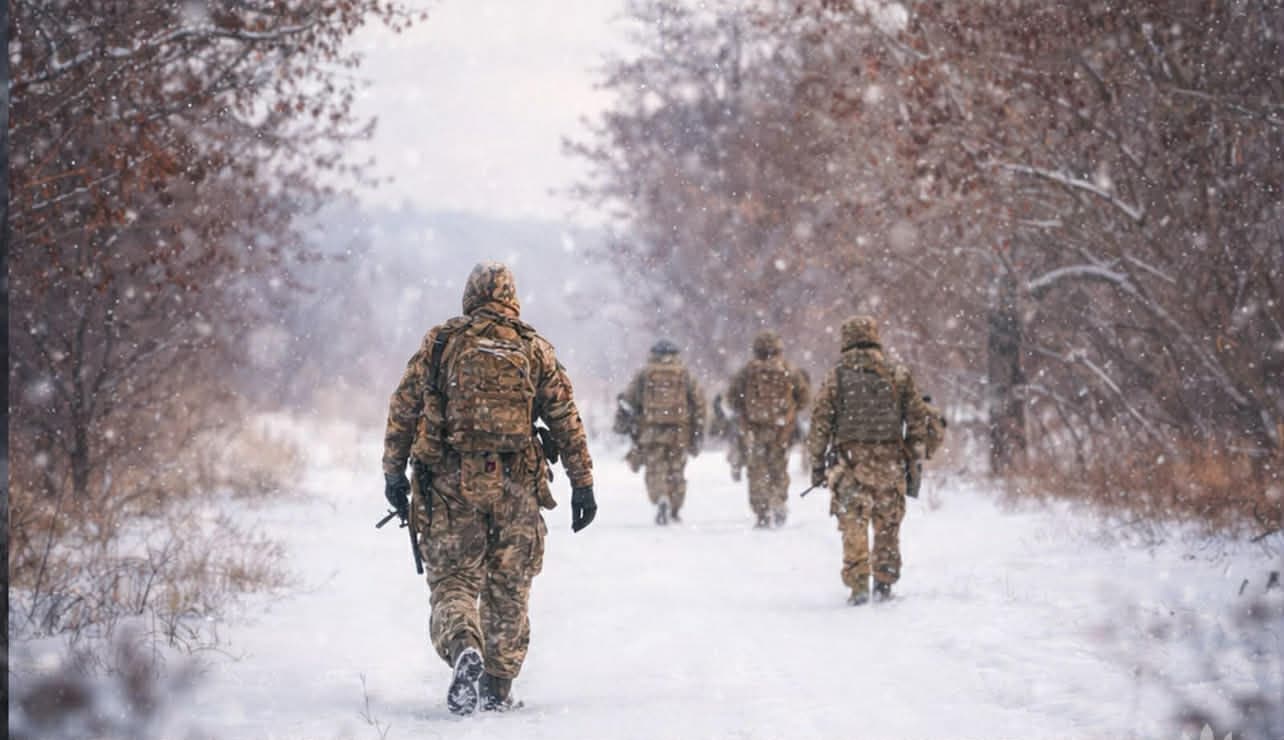 <em>Фото: 56 ОМПб, Украинские военные зимой с оружием.</em>