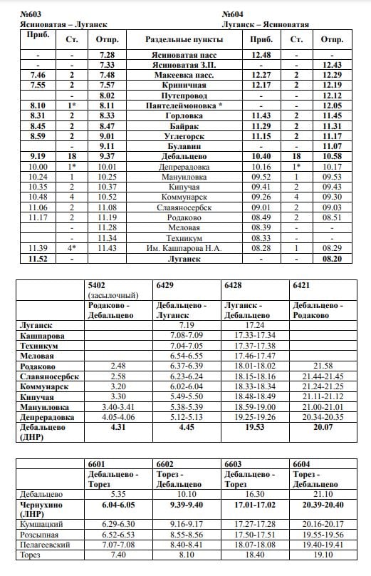 Расписание поездов между "ЛНР" и "ДНР"